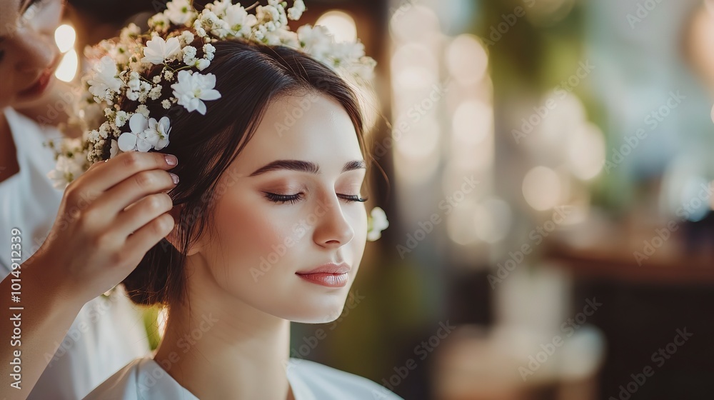 Poster Young bride getting her hair done before wedding by professional hair stylist with elegant white flowers decorated on her hair, with copy space.  