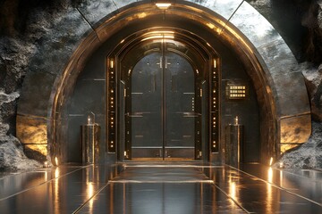 Naklejka premium Modern metallic entrance with elegant design and glowing lights