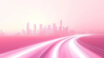 White and pink gradient background, distant city skyline, glowing highway tracks, white and pink color scheme, cartoon style, high resolution, graphic design poster art, bright colors, cityscape, digi