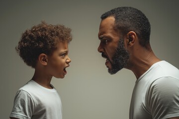 Father and son confrontation portrait, emotional exchange, parenting challenges, family tension, indoor studio photography