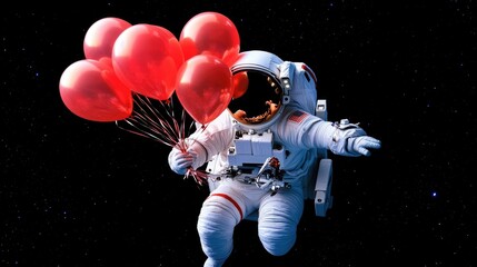Fototapeta premium Astronaut Floating with Red Balloons in Space