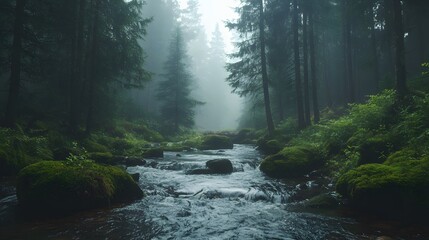 Obraz premium A gentle stream flows through a misty forest, featuring moss-covered rocks and dappled sunlight, creating an ethereal atmosphere in a tranquil nature scene.