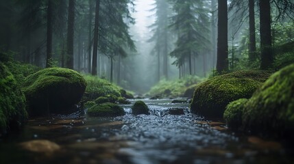 Obraz premium A gentle stream flows through a misty forest, featuring moss-covered rocks and dappled sunlight, creating an ethereal atmosphere in a tranquil nature scene.