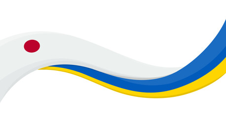 Wavy ribbon banner of Ukraine National flag with Japan National Flag. Unity and cooperation symbol. Logo for charity and social events, NGO initiative, sport teams. Vector illustration.