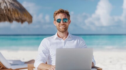 Man Working on Laptop in Tropical Beach Setting