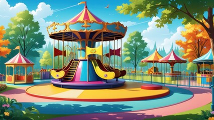 Obraz premium A colorful amusement park scene featuring a carousel and rides amidst vibrant trees.