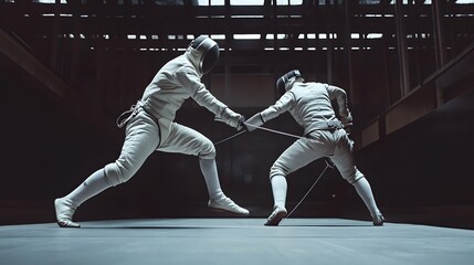 Fencer in Full Gear Lunging Towards Opponent