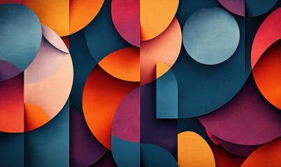 Fototapeta premium Abstract geometric pattern with overlapping circles and rectangles in a variety of warm and cool colors.