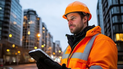 Construction Worker Using Technology at Dusk
