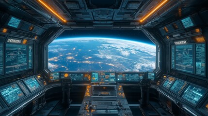 Interior view of futuristic spaceship cockpit overlooking Earth with advanced digital displays and controls, showcasing technological innovation and space exploration