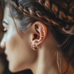 woman, beauty, fashion, model, ear, piercing, jewelry, hair, face, makeup, glamour, lips, make-up, eyes, hairstyle, jewelry, necklace, style, elegance, skin, cosmetics, red, closeup, black, art, perso