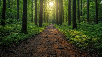 Obraz premium Tranquil forest path lined with tall trees, viewed from a slight elevation, emphasizing the lush greenery and dappled sunlight filtering through the leaves 
