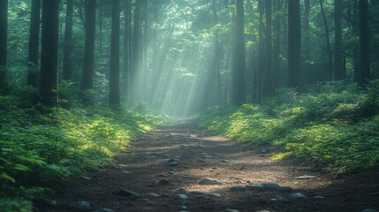 Tranquil forest path lined with tall trees, viewed from a slight elevation, emphasizing the lush greenery and dappled sunlight filtering through the leaves 