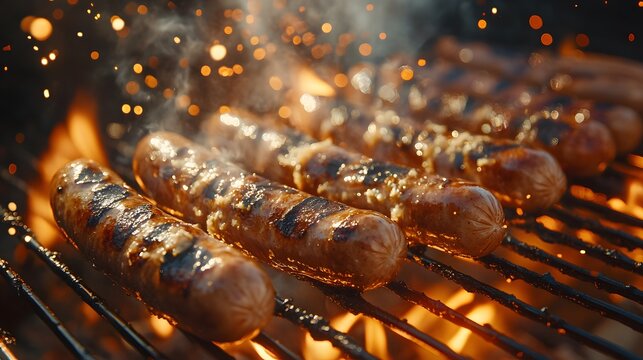 Grilled sausages sizzle on a barbecue, surrounded by bright flames and flying sparks, evoking the essence of a summer barbecue atmosphere with juicy bratwurst.