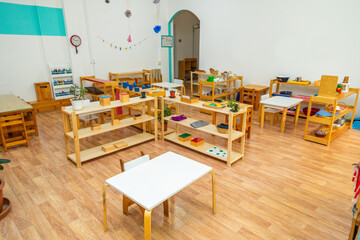 Montessori kindergarten room interior with plants