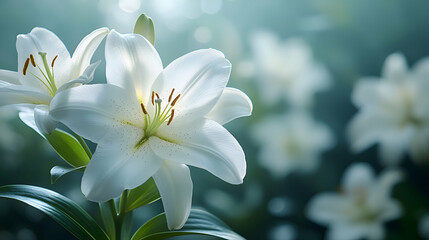Fototapeta premium A macro shot of a white lily with delicate petals a blurred soft color background