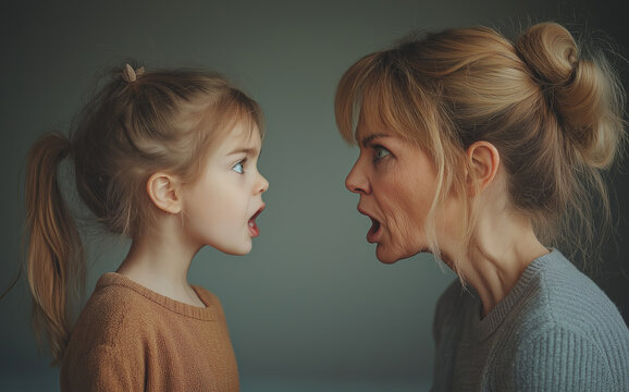 Mother and daughter arguing face to face, expressing anger and frustration, concept of familial conflict and communication, use in family therapy and behavioral studies