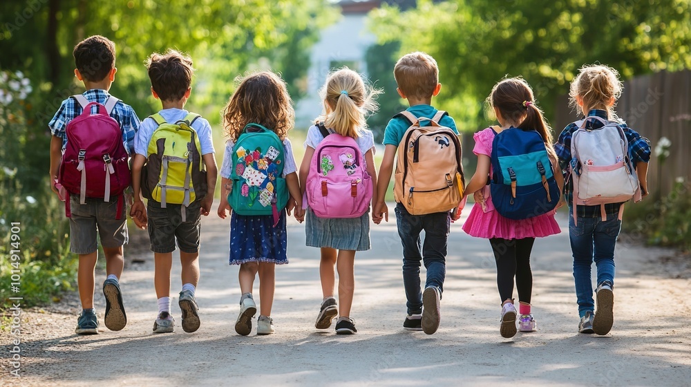 Poster Group of children going with backpacks for studying. Back to school concept. 