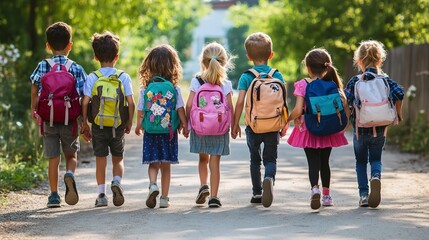 Obraz premium Group of children going with backpacks for studying. Back to school concept. 