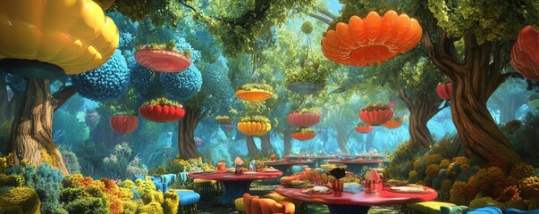 Fototapeta premium Colorful umbrellas in a forest