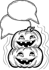 Happy Halloween pumpkin monster with speech bubble. Decorative template for night party invitation, poster print, quotes background. Hand drawn illustration, comic style, cartoon vector character.