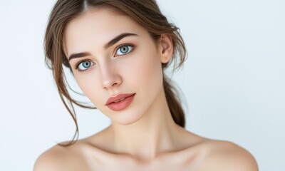 Naklejka premium Portrait woman natural makeup contemplative expression pastel studio background