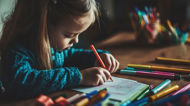 Child learning to write at home, sitting at a desk with colorful school supplies, supportive and nurturing environment. 