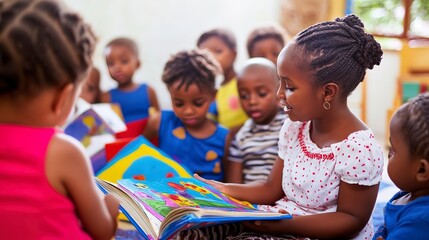 Fototapeta premium Woman reading a colorful picture book to attentive children in a bright classroom setting 
