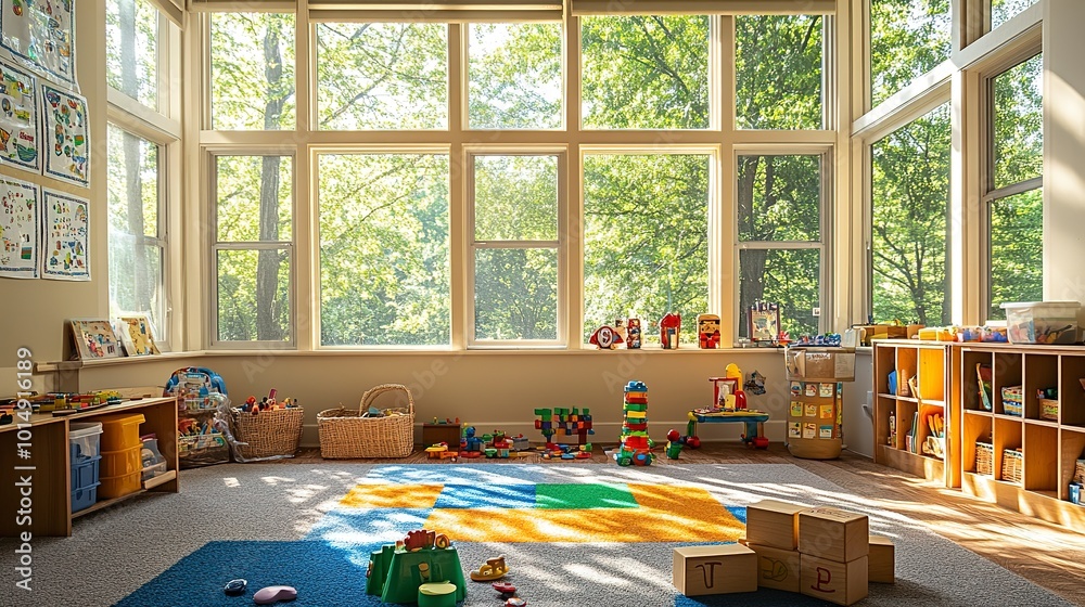 Poster Colorful playroom with blocks, toys, and learning materials surrounded by windows, showcasing a vibrant and nurturing environment for young children to grow and develop  