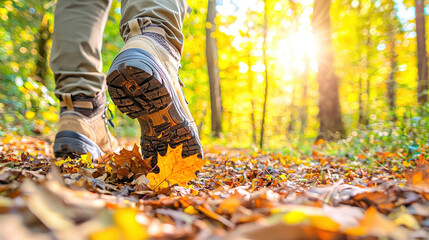 Close-up view of hiking boots walking through a colorful autumn forest covered with fallen leaves under bright sunlight