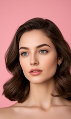 Naklejka premium Portrait woman natural makeup contemplative expression pastel studio background