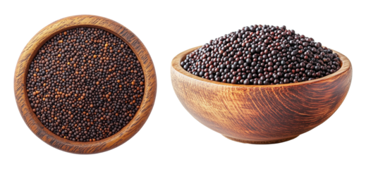 Collection of Black Mustard Seeds in Wooden Bowls on Transparent Background