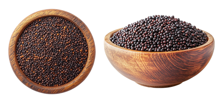Collection of Black Mustard Seeds in Wooden Bowls on Transparent Background