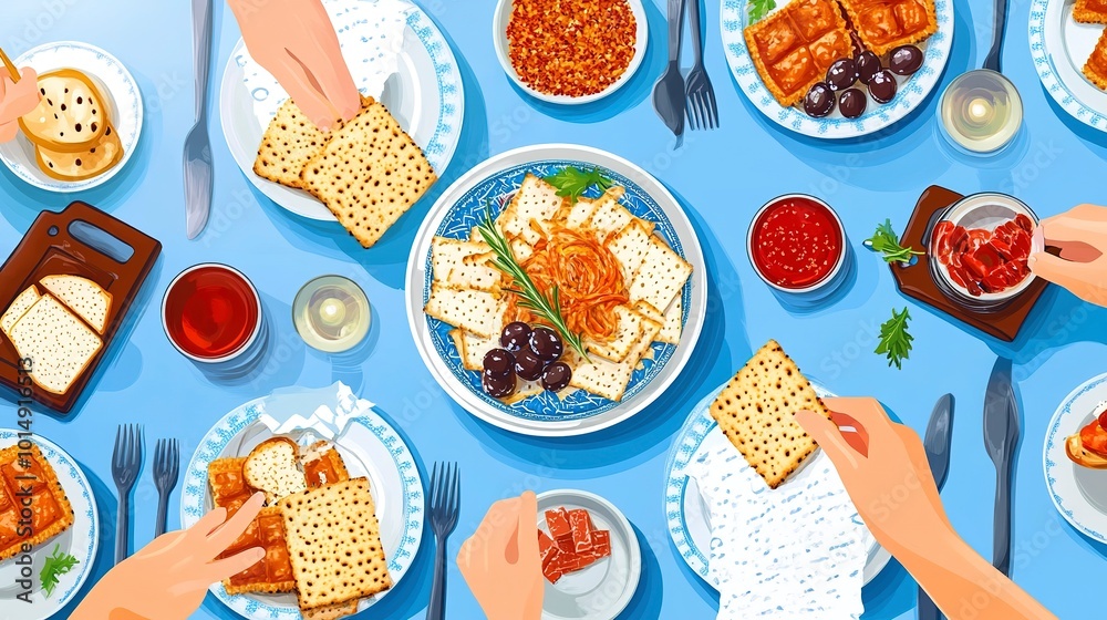 Sticker People at the table celebrating Passover. Traditional Jewish food for Passover 