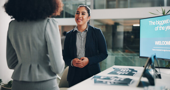 Welcome booth, conference and business people at expo for summit, information or showcase. Product exhibition, brochure and networking pitch with employee at seminar for workshop, tradeshow and event