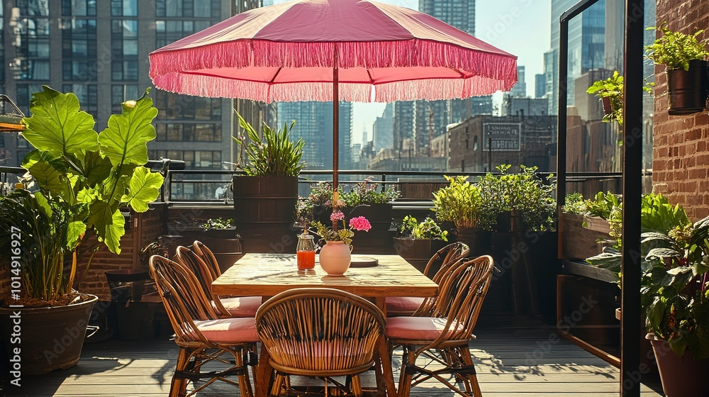 Canvas Prints Deck Setup With Table Chairs and Pink Umbrella  