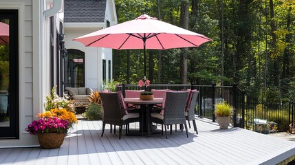 Obraz premium Deck Setup With Table Chairs and Pink Umbrella 