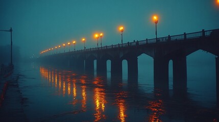 Fototapeta premium A bridge with streetlights illuminated at night in the fog with reflections in the water below.