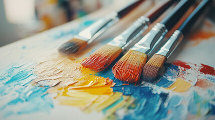 Fototapeta premium Close-up of used brushes on apalette of colorful oil paint.