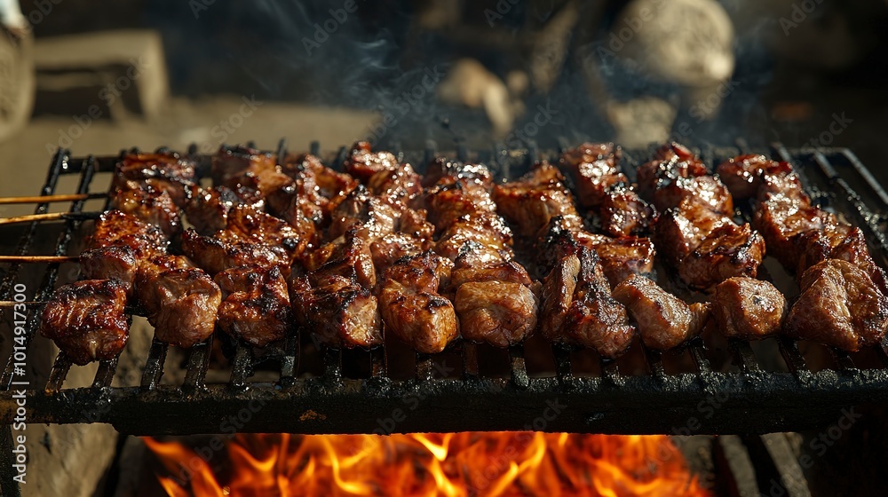 Wall mural Close up of barbecue and grill meat in outdoor 