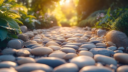 Fototapeta premium A panoramic view of a pebble stone path in a garden showcases smooth rounded stones under soft sunlight, creating a tranquil zen garden aesthetic with natural earthy tones.