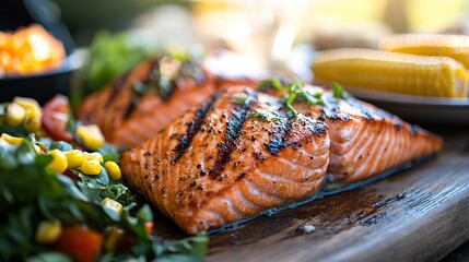 A family enjoying a seafood dinner with grilled salmon fillets, corn on the cob, and fresh salad on a picnic table.