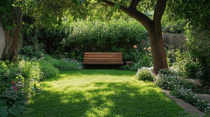 Tranquil garden with a wooden bench under a tree, captured from a distance, emphasizing the peaceful setting