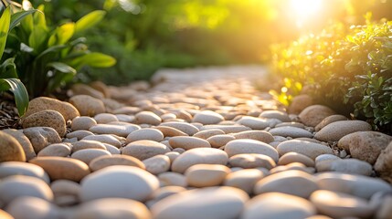 Fototapeta premium A panoramic view of a pebble stone path in a garden showcases smooth rounded stones under soft sunlight, creating a tranquil zen garden aesthetic with natural earthy tones.