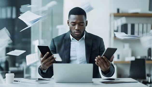 Businessman Overwhelmed by Papers and Technology