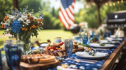 Outdoor summer dinner party with grilled food, blue and white decor, flowers, and a farmhouse table setting with an American flag backdrop. 