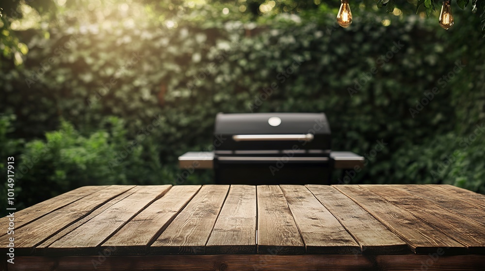 Wall mural BBq grill in the back yard background with empty wooden table 