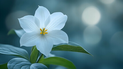 Fototapeta premium A macro shot of a white trillium flower a blurred soft color background