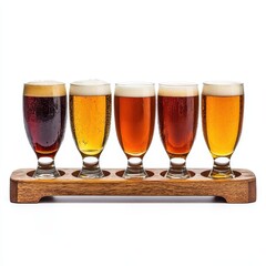 A beer tasting flight with four small glasses, each filled with different types of beer, isolated on white background