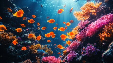 Naklejka premium Vibrant coral reef underwater scene, captured from a close distance, highlighting the colorful marine life and corals in bright blue waters 